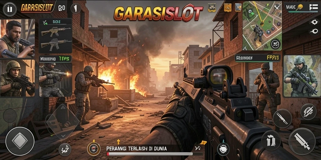 Screenshot gameplay <strong>GARASISLOT</strong> menunjukkan aksi tembak-menembak yang intens dan grafis yang memukau.