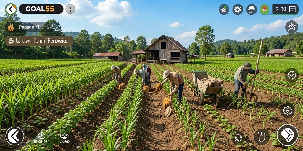 Screenshot gameplay GOAL55 menampilkan ladang pertanian yang subur dan aktivitas menanam.