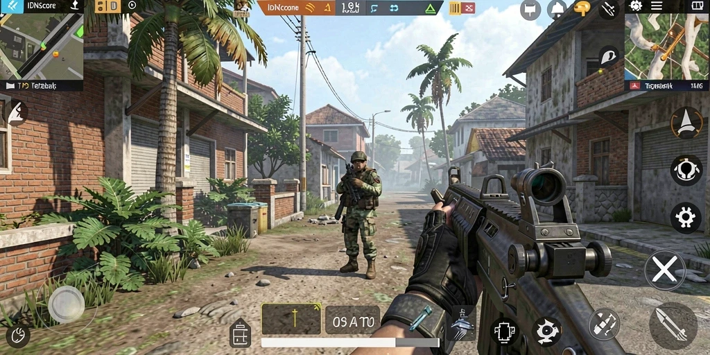 Screenshot gameplay IDNSCORE yang menunjukkan aksi tembak-tembakan yang mendebarkan.