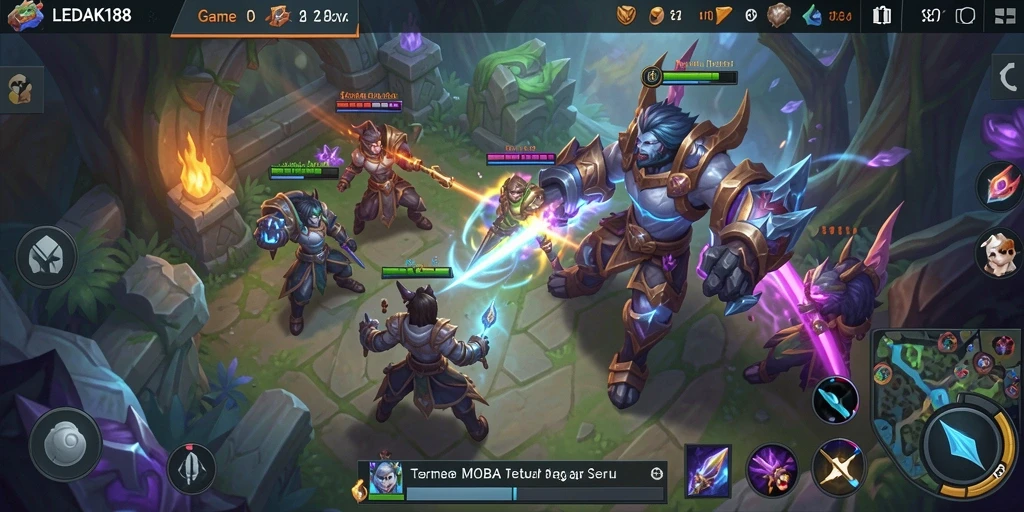 Tampilan gameplay seru dalam pertarungan MOBA di LEDAK188.