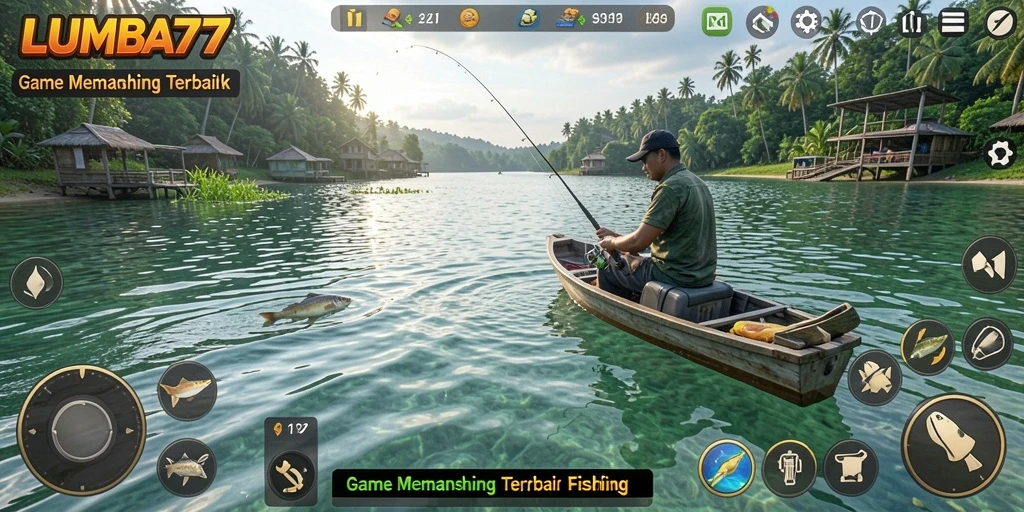 Screenshot LUMBA77 menampilkan aksi seru memancing dengan ikan besar.