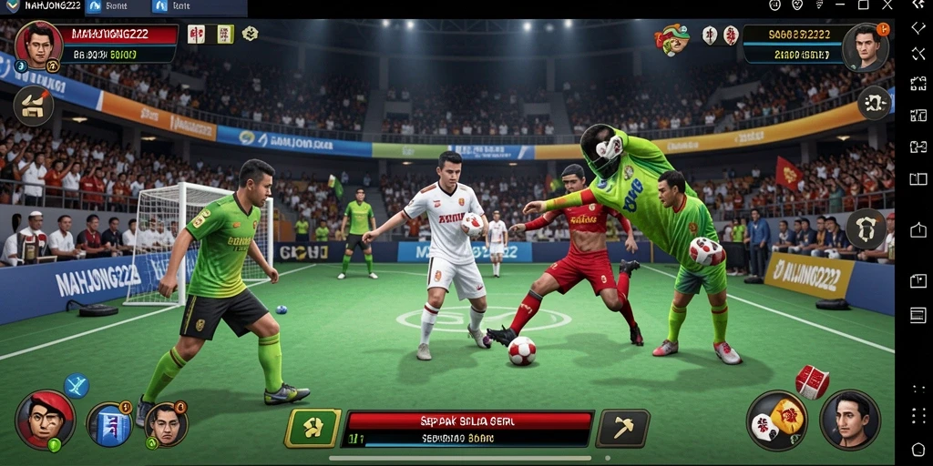 Tampilan gameplay menegangkan dalam MAHJONG222 yang penuh aksi sepak bola.