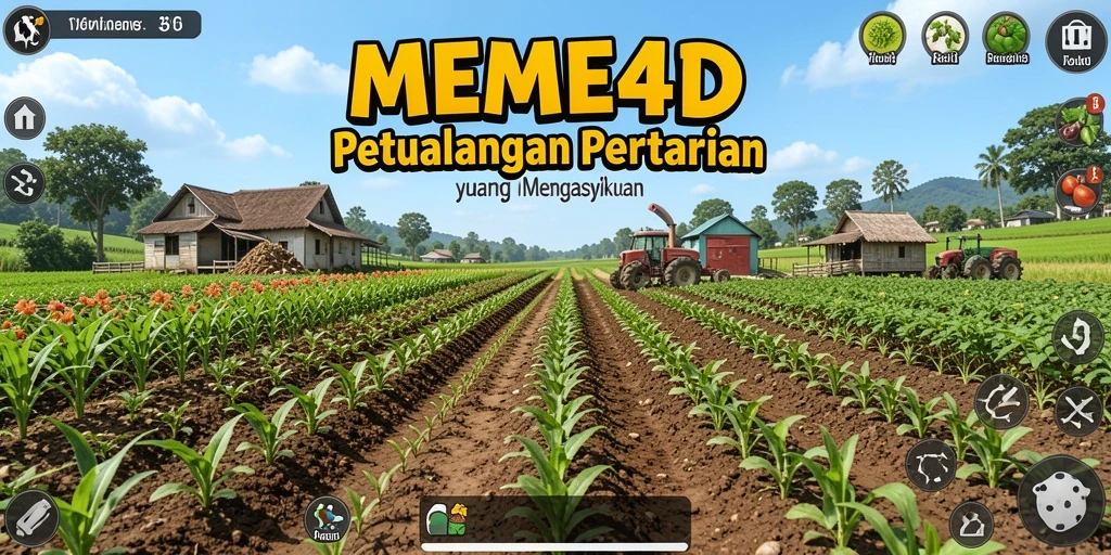 Screenshot utama MEME4D menunjukkan pertanian yang hidup dengan berbagai tanaman.