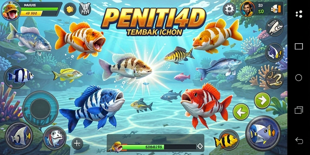 Screenshot gameplay PENITI4D menampilkan aksi menembak ikan yang seru.