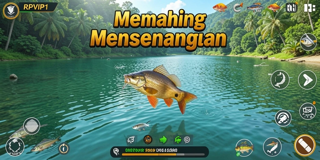 Screenshot menunjukkan pemain menangkap ikan besar di RPVIP1 dengan latar belakang indah.