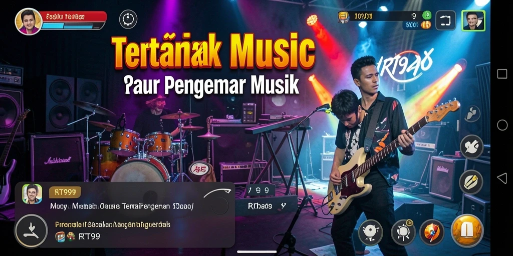 Screenshot utama RT99 menampilkan gameplay musik yang seru.