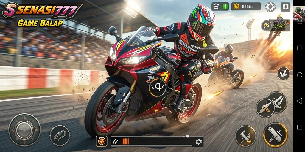 Tampilan gameplay SENSASI777 dengan motor balap yang cepat.