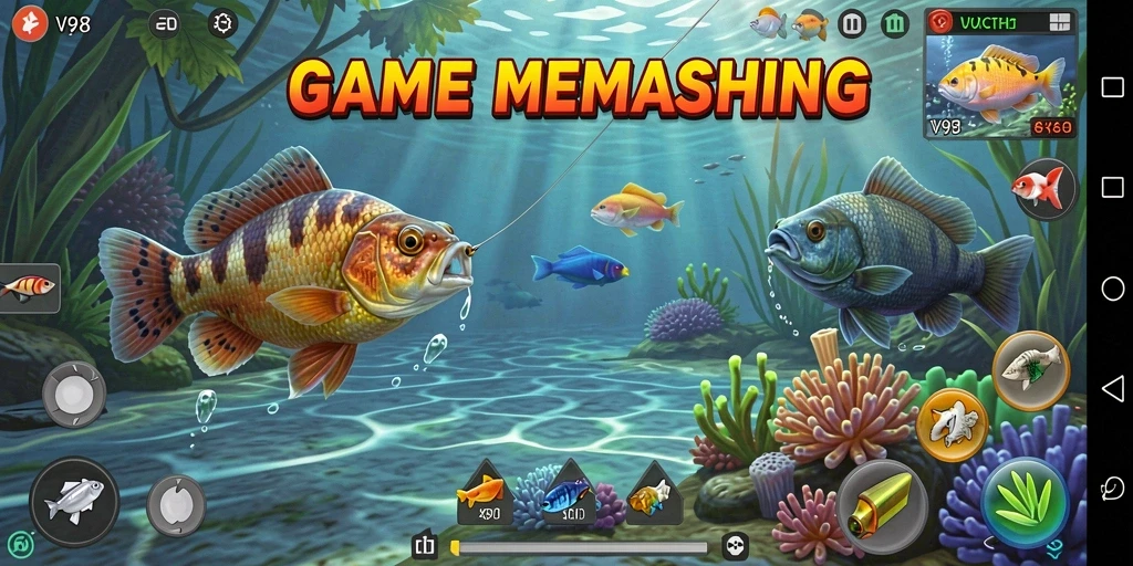 Screenshot gameplay V98 menampilkan aktivitas memancing yang seru.