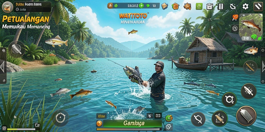 Screenshot WATITOTO menampilkan gameplay memancing yang seru di alam bawah laut.
