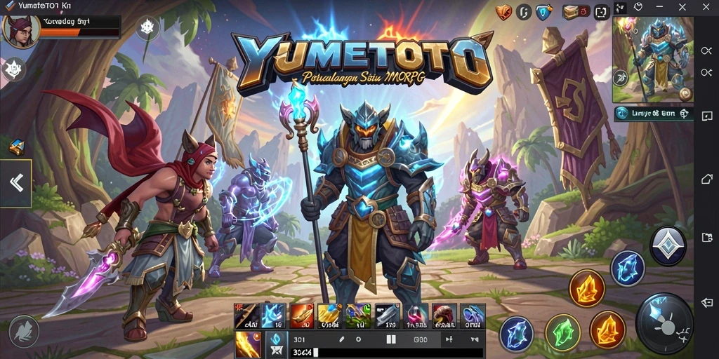 Tangkapan layar utama YUMETOTO menampilkan pertarungan epik dalam dunia MMORPG.